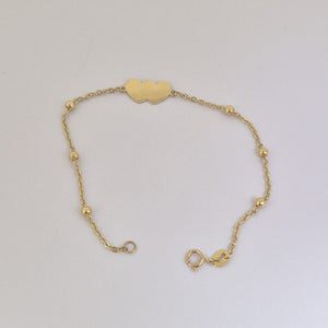 PULSERA TEJIDO ESPECIAL CON DOS CORAZONES 14K 18 CM 1.7 GR (NUEVO)