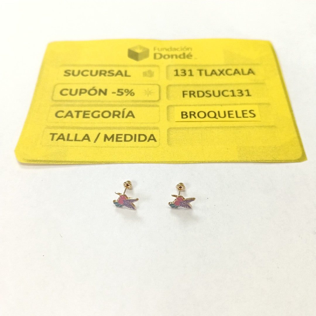 BROQUELES BROQUEL FIG COLIBRI ESMALTE ROSA 14K 0.2138 GR (NUEVO)