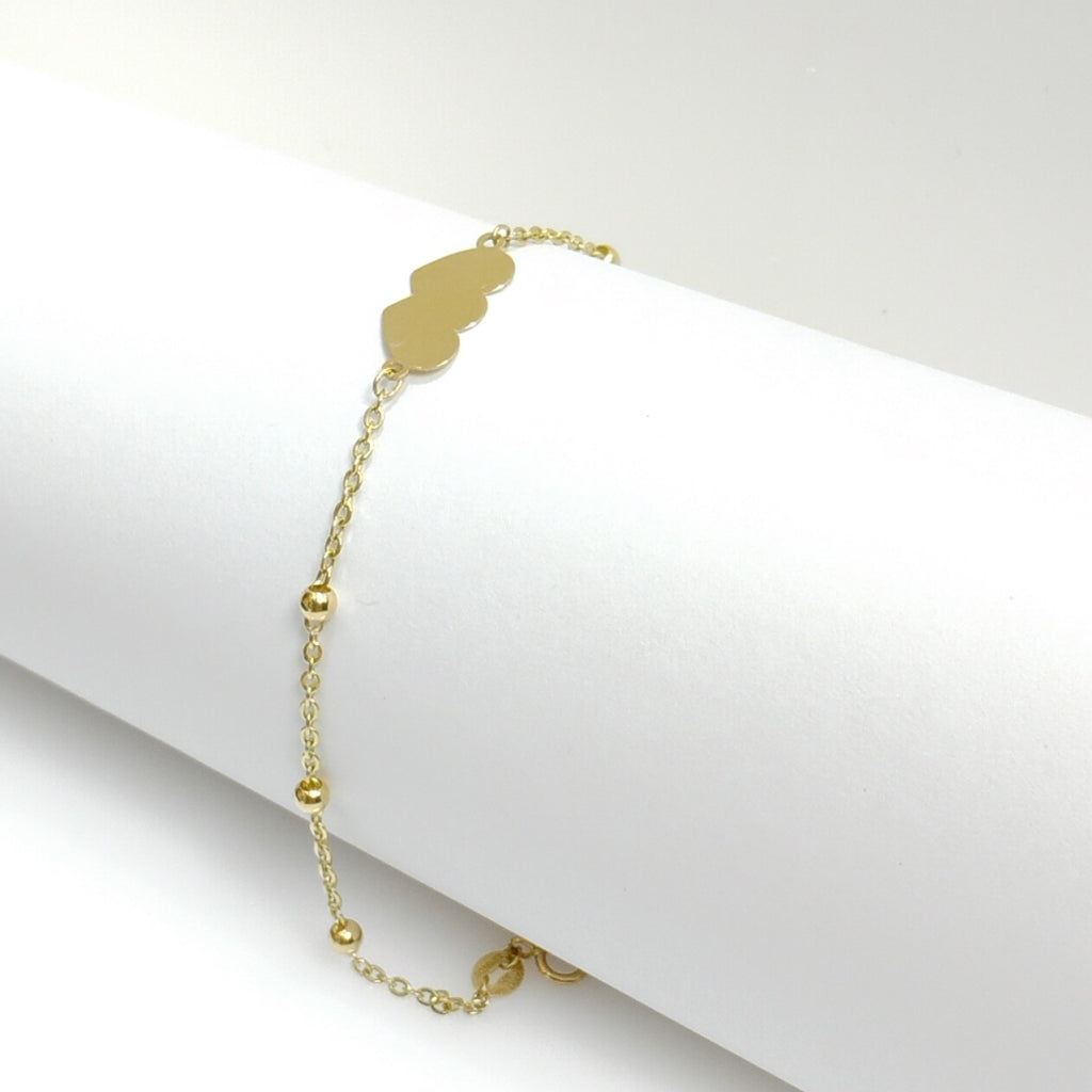 PULSERA TEJIDO ESPECIAL CON DOS CORAZONES 14K 18 CM 1.7 GR (NUEVO)