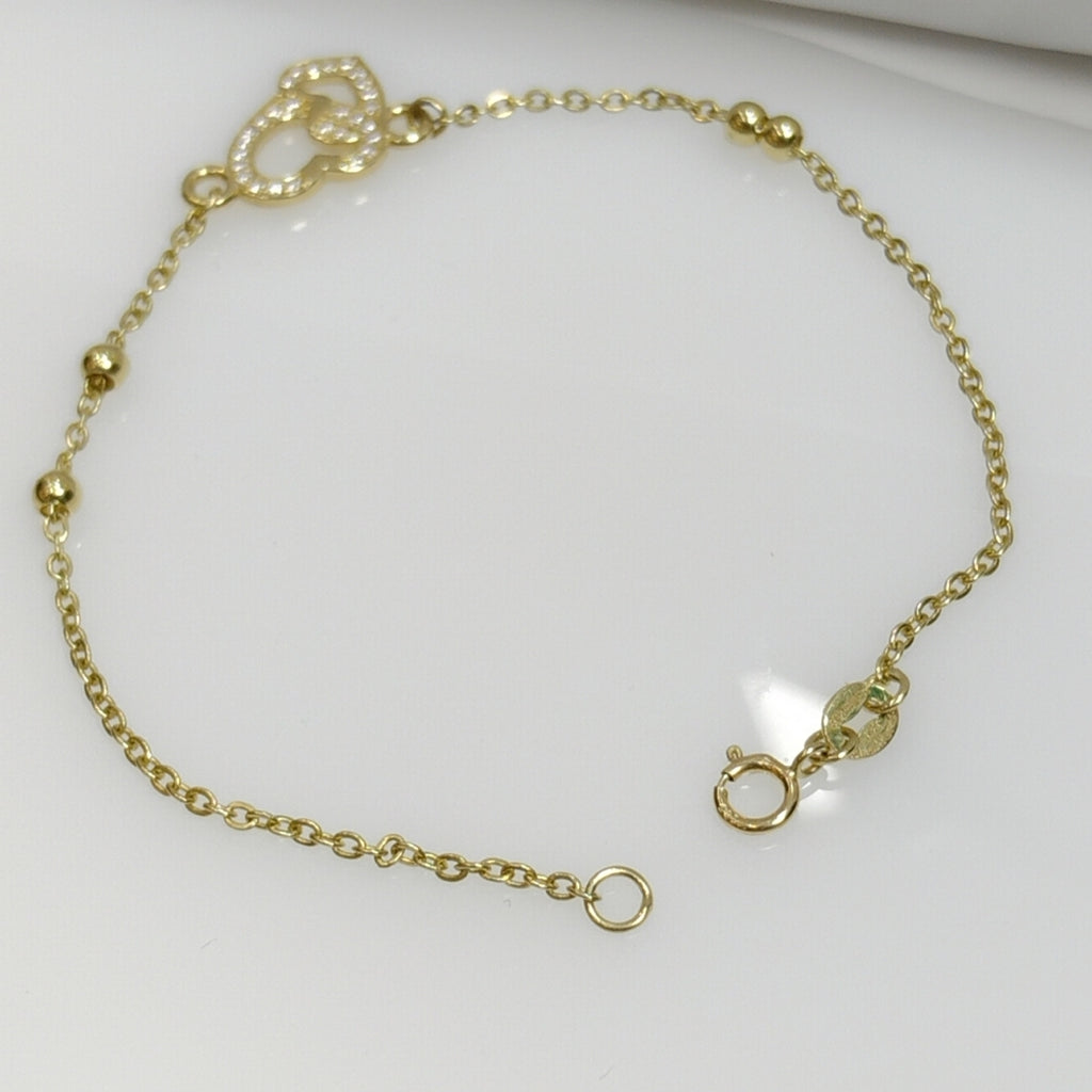 PULSERA TEJIDO ESPECIAL CORAZONES CON CIRCONIAS 14K 18 CM 2.4 GR (NUEVO)