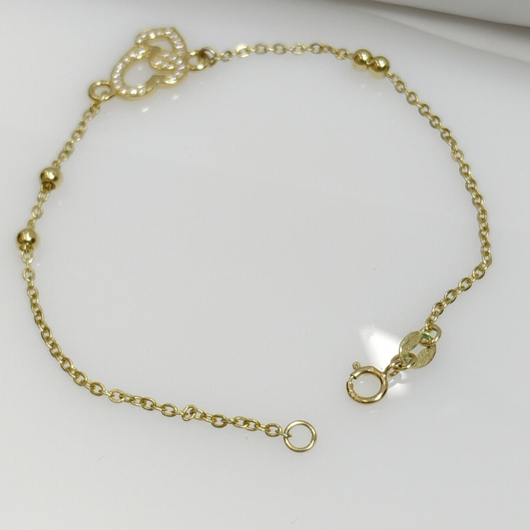 PULSERA TEJIDO ESPECIAL CORAZONES CON CIRCONIAS 14K 18 CM 2.4 GR (NUEVO)