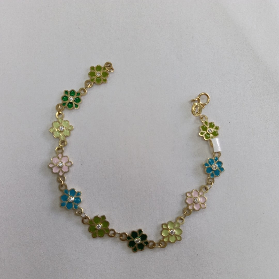 PULSERA ESPECIAL FLORES CON ESMALTE 14K 18 CM 4.5 GR (NUEVO)