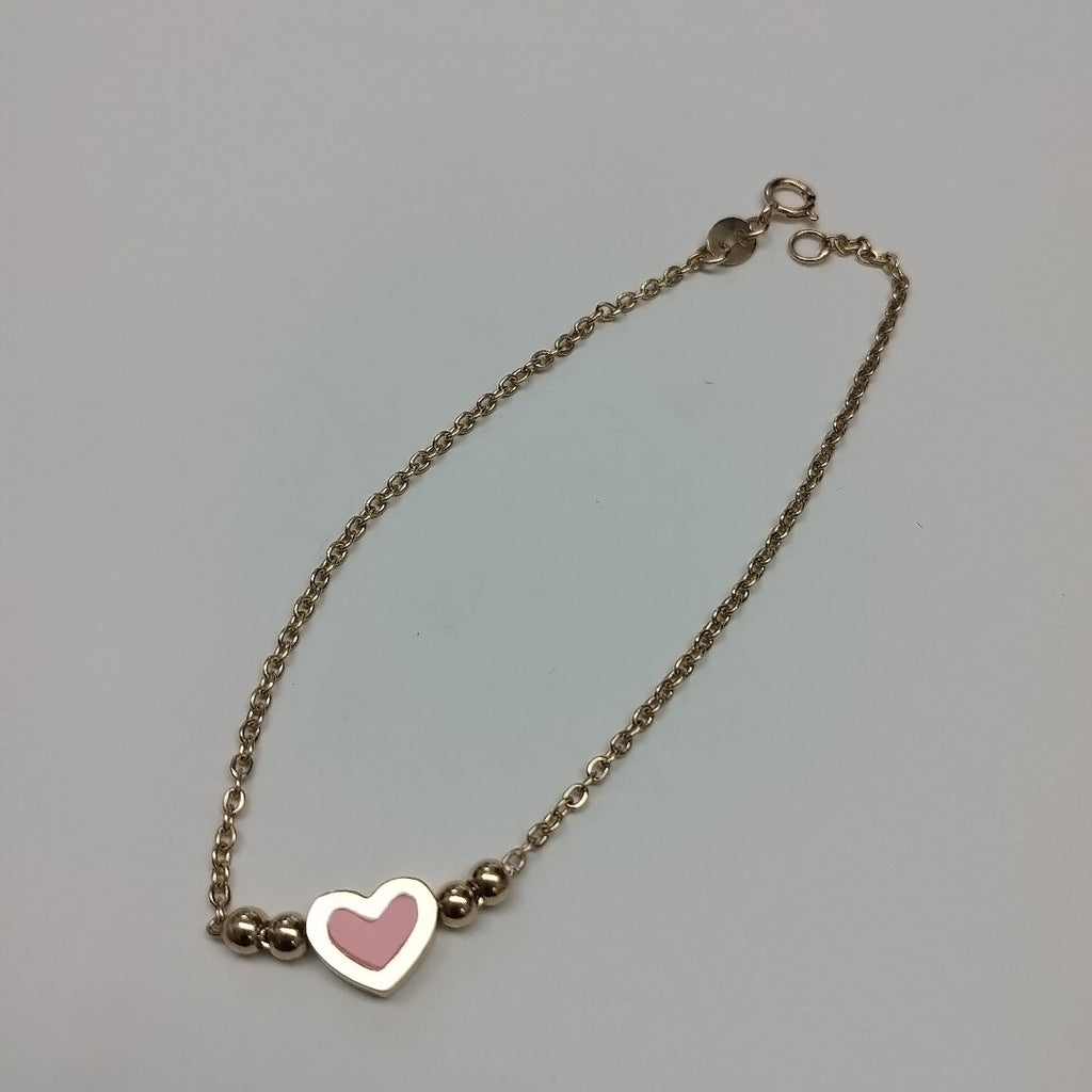PULSERA TEJIDO ESPECIAL CON FIGURA CORAZON CON ESMALTE ROSA 14K 18 CM 2 GR (NUEVO)
