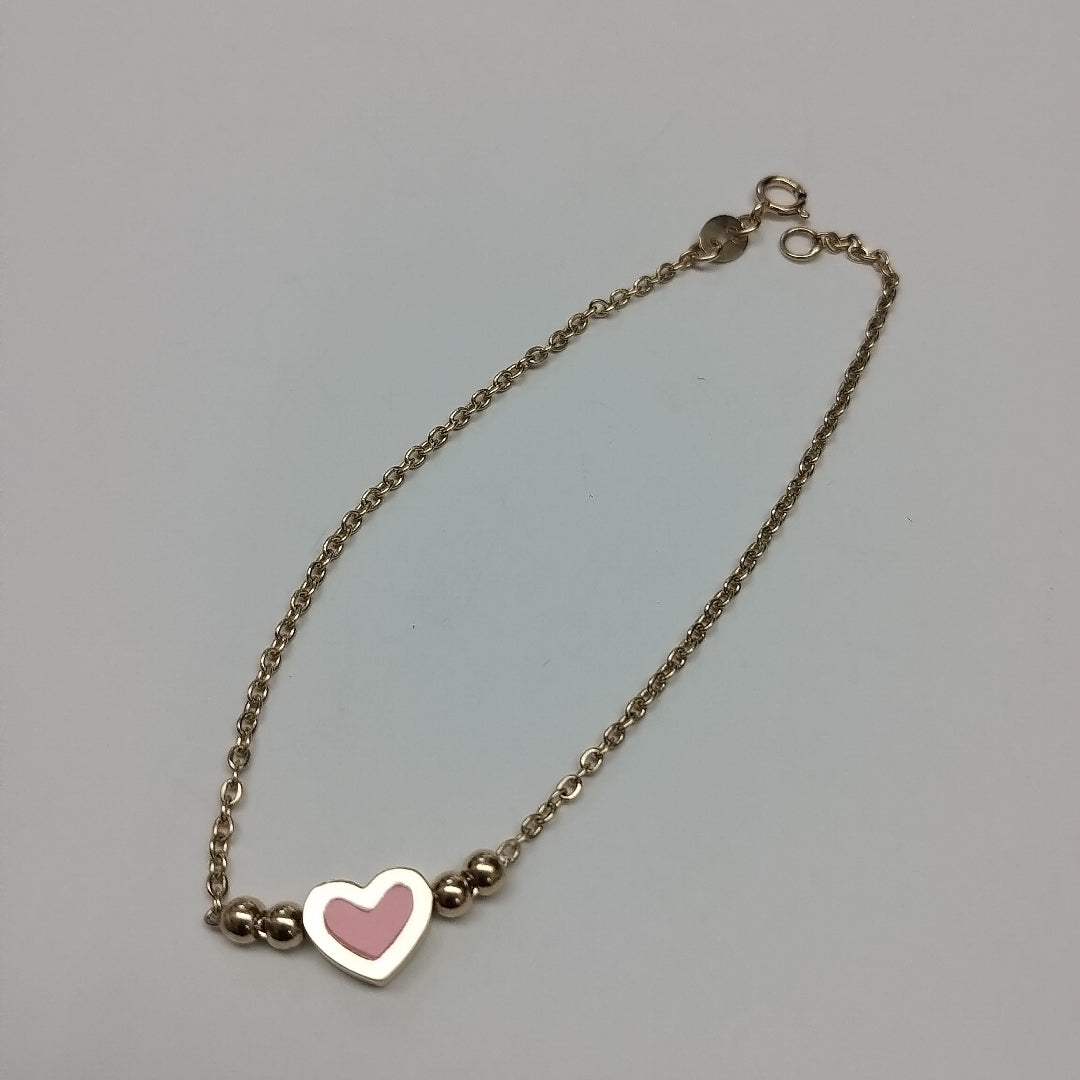 PULSERA TEJIDO ESPECIAL CON FIGURA CORAZON CON ESMALTE ROSA 14K 18 CM 2 GR (NUEVO)