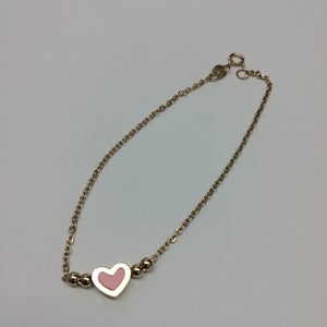 PULSERA TEJIDO ESPECIAL CON FIGURA CORAZON CON ESMALTE ROSA 14K 18 CM 2 GR (NUEVO)
