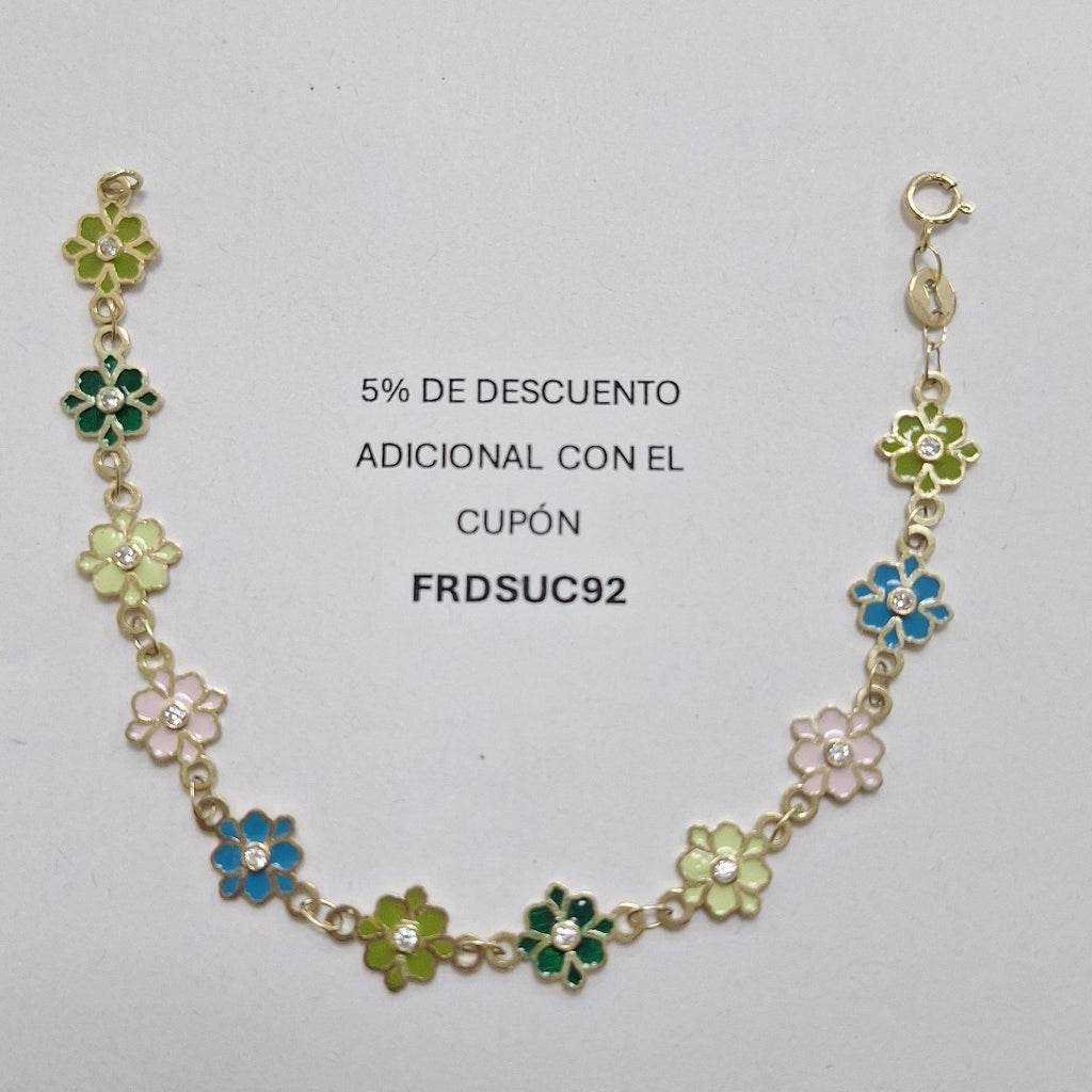 PULSERA ESPECIAL FLORES CON ESMALTE 14K 18 CM 4.5 GR (NUEVO)
