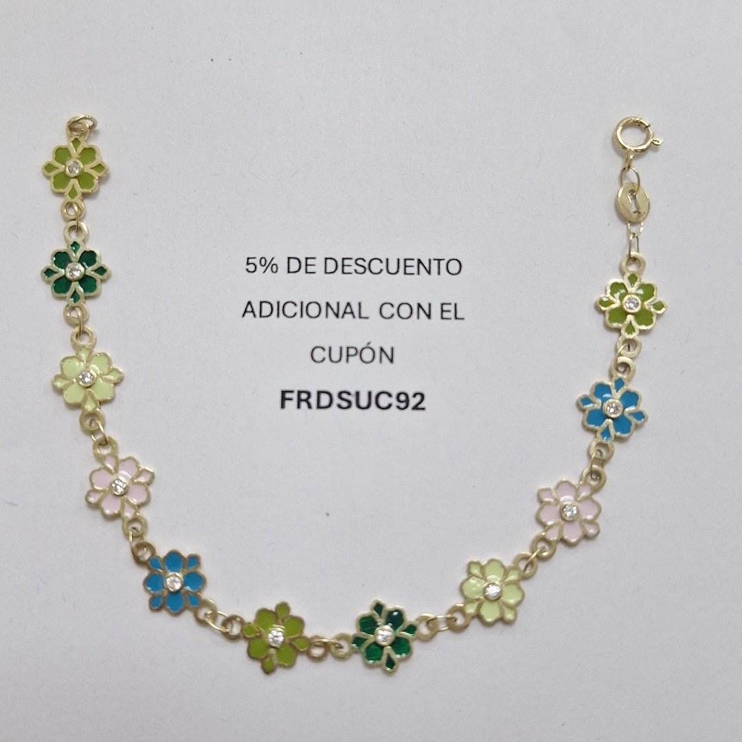 PULSERA ESPECIAL FLORES CON ESMALTE 14K 18 CM 4.5 GR (NUEVO)
