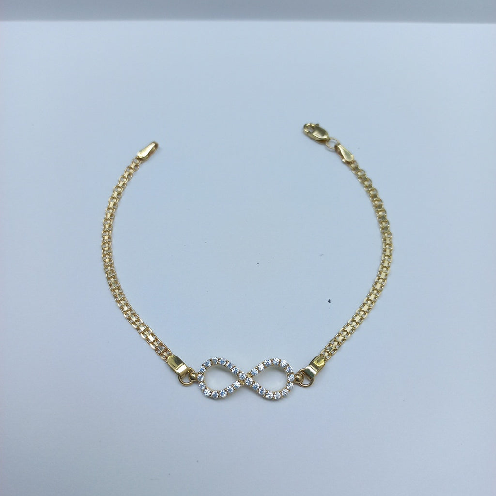 PULSERA TEJIDO ESPECIAL CON INFINITO Y CIRCONIAS 14K 18 CM 3.3 GR (NUEVO)