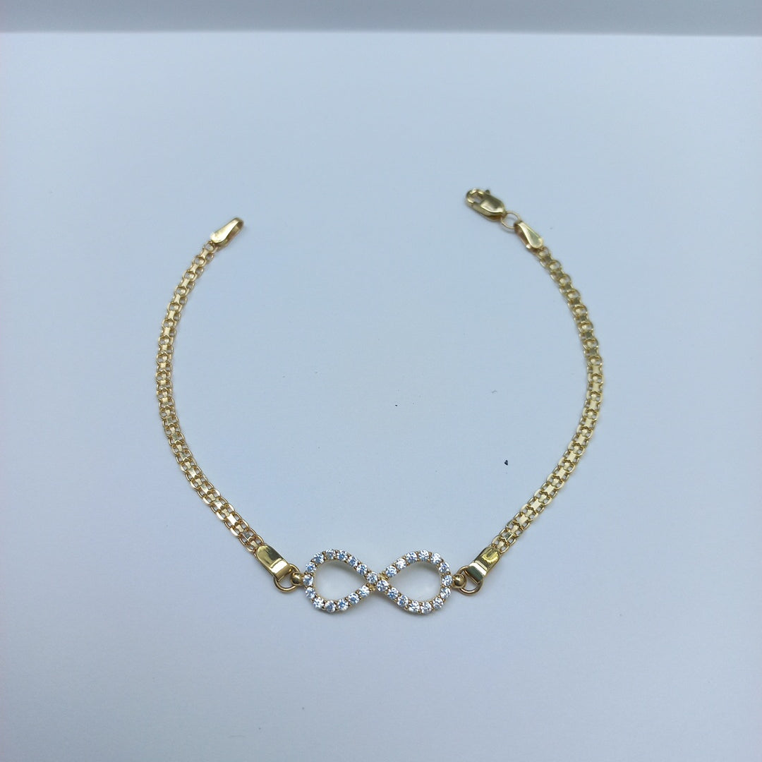 PULSERA TEJIDO ESPECIAL CON INFINITO Y CIRCONIAS 14K 18 CM 3.3 GR (NUEVO)