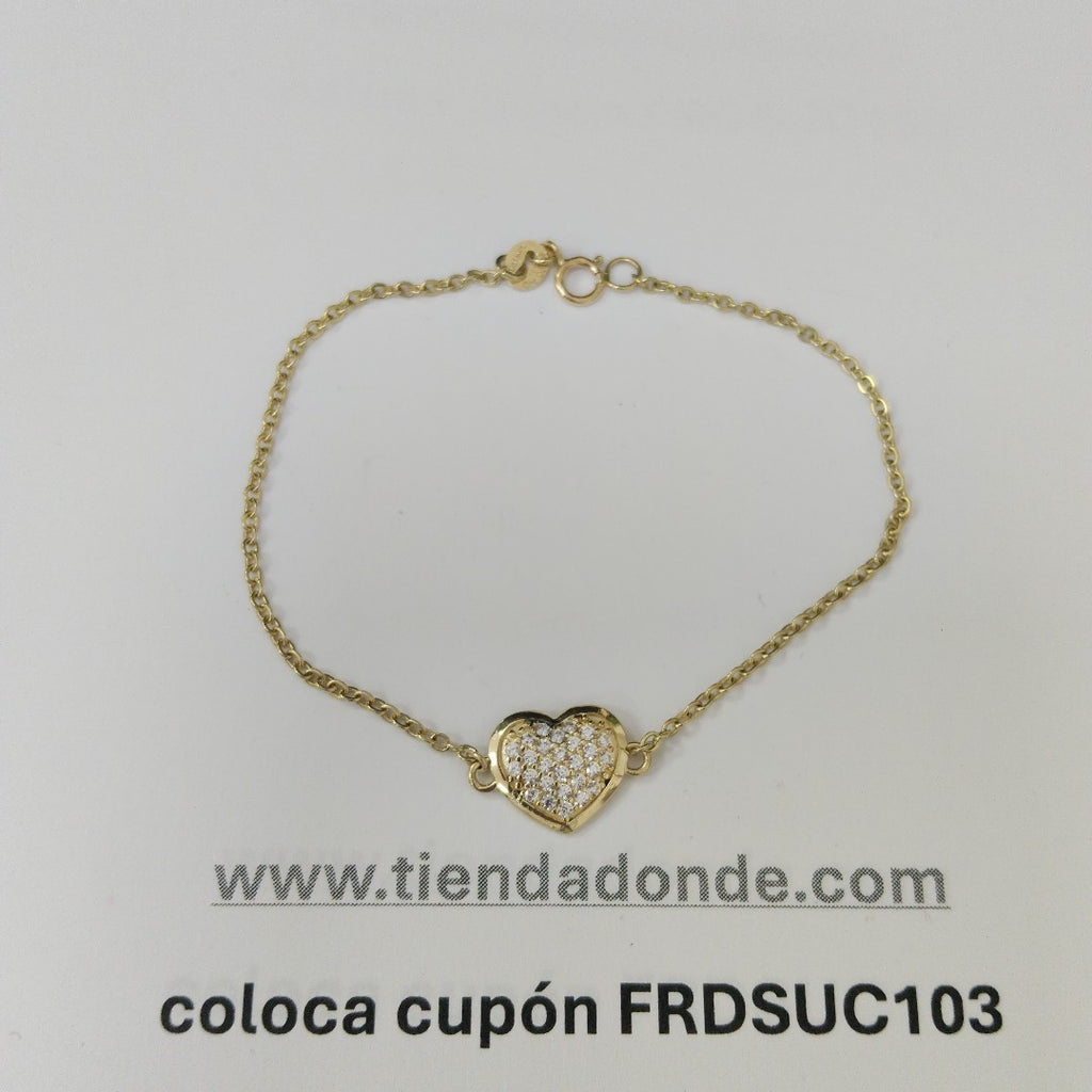 PULSERA TEJIDO ESPECIAL C CORAZON CIRCONIAS 14K 18 CM 2.1 GR (NUEVO)