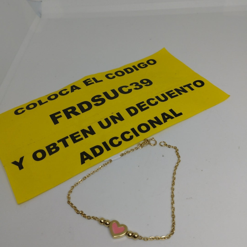 PULSERA TEJIDO ESPECIAL CON FIGURA CORAZON CON ESMALTE ROSA 14K 18 CM 2 GR (NUEVO)