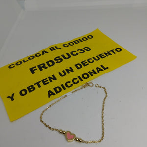 PULSERA TEJIDO ESPECIAL CON FIGURA CORAZON CON ESMALTE ROSA 14K 18 CM 2 GR (NUEVO)