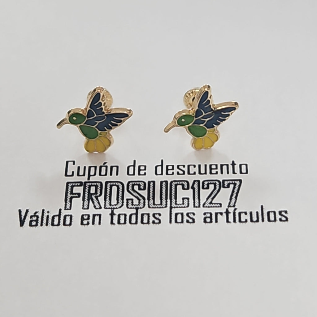 BROQUELES BROQUEL FIG COLIBRI ESMALTE VERDE 14K 0.2138 GR (NUEVO)