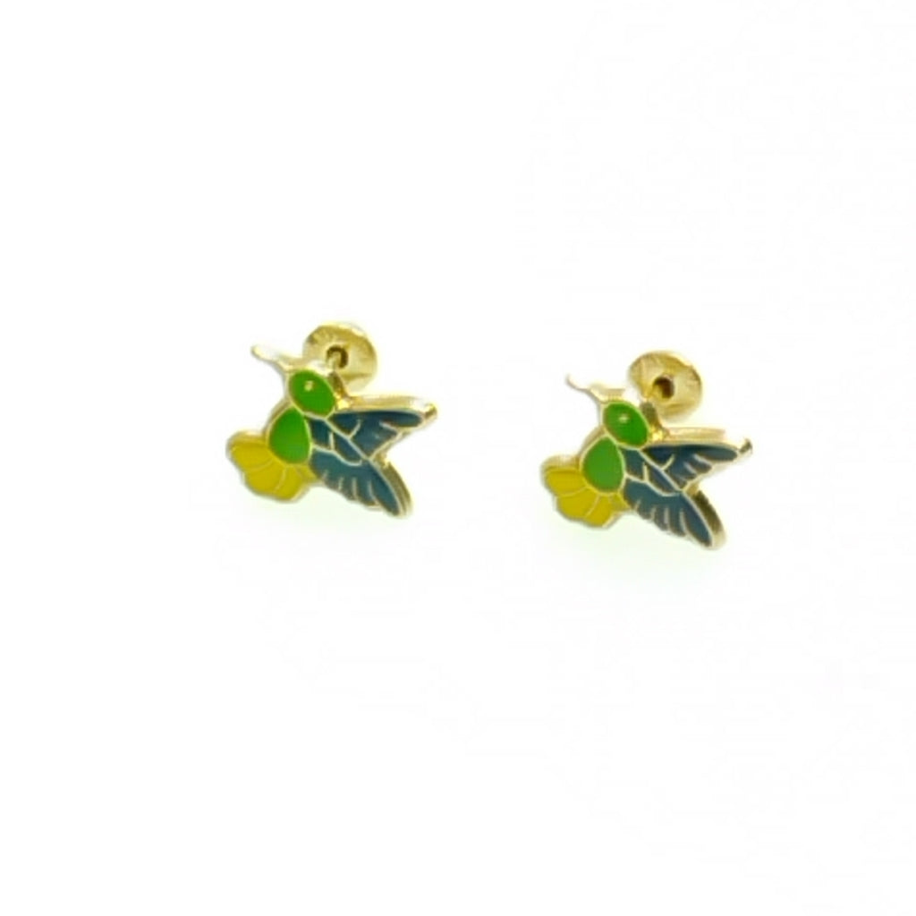 BROQUELES BROQUEL FIG COLIBRI ESMALTE VERDE 14K 0.2138 GR (NUEVO)