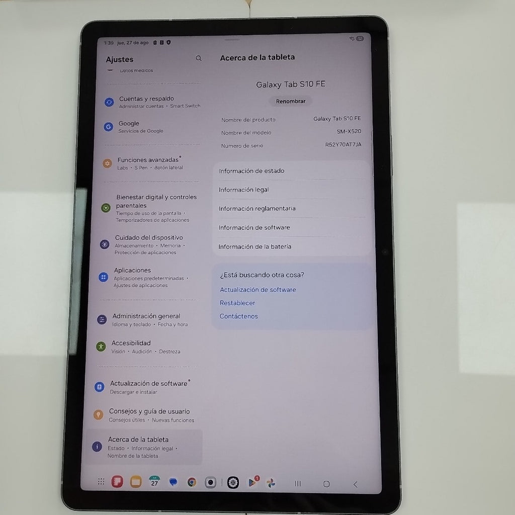 TABLETA SAMSUNG GALAXY TAB S10 FE SM-X520 (2025) 256 GB 12 GB RAM (SEMINUEVO)