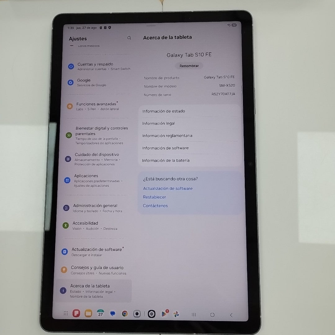 TABLETA SAMSUNG GALAXY TAB S10 FE SM-X520 (2025) 256 GB 12 GB RAM (SEMINUEVO)