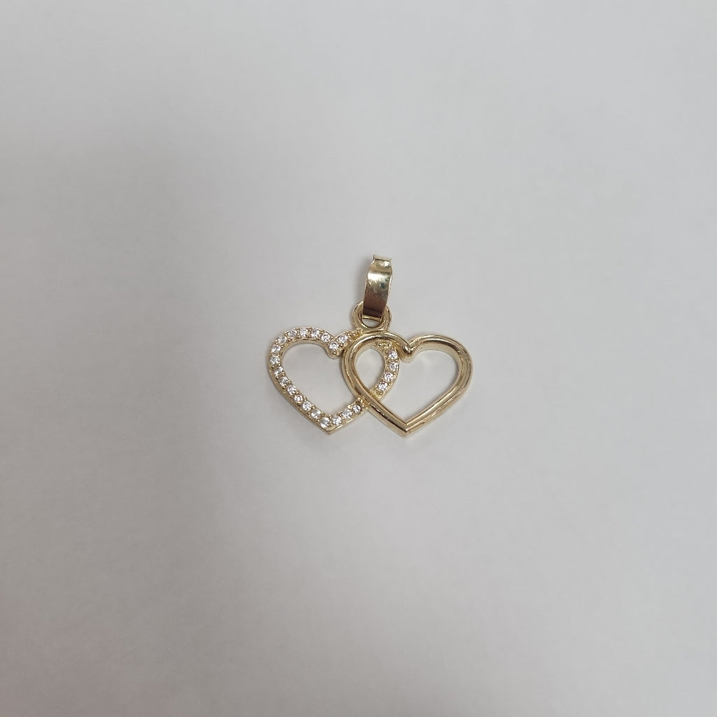 DIJE TEJIDO DOS CORAZONES CON CIRCONIAS 14K 1.4 GR (NUEVO)