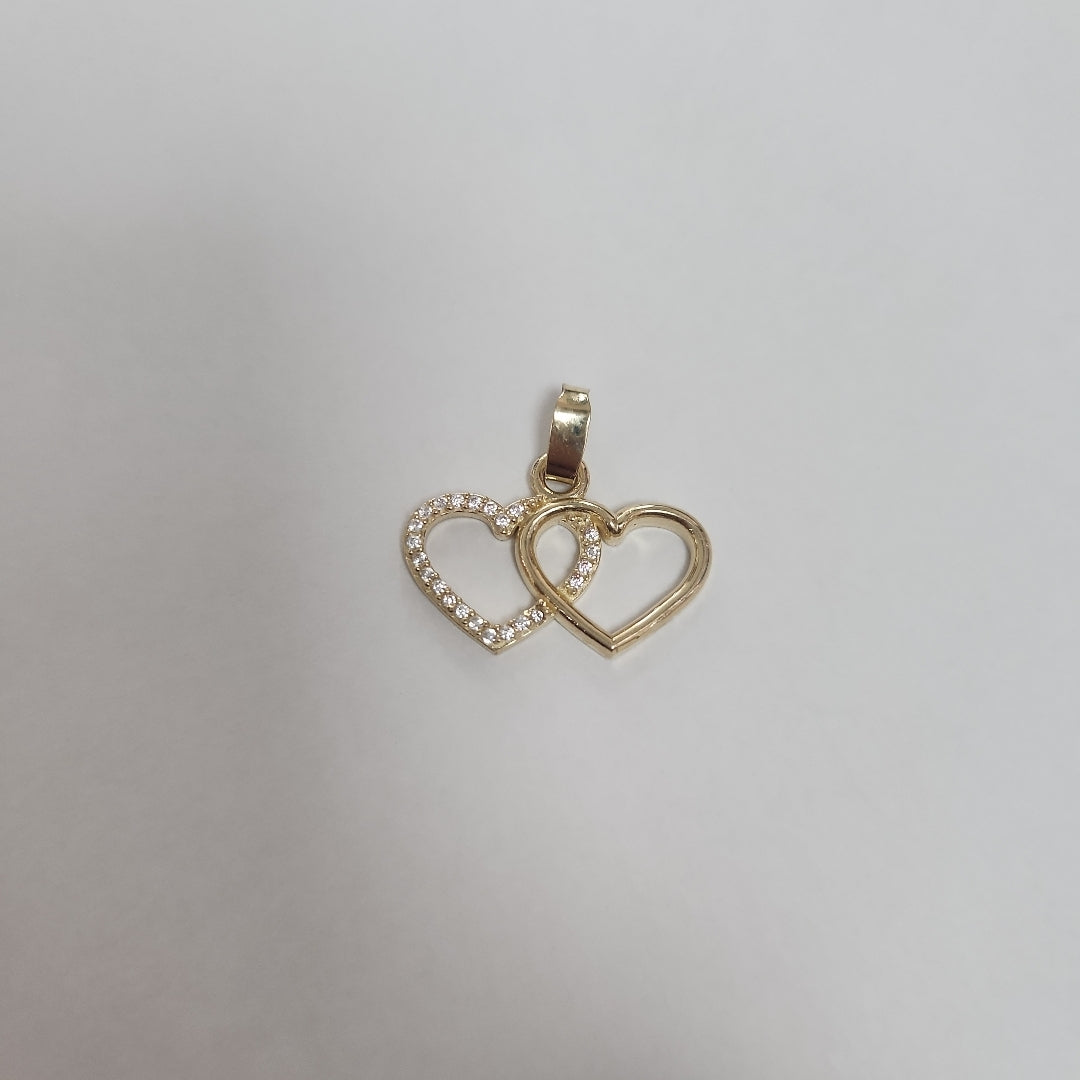 DIJE TEJIDO DOS CORAZONES CON CIRCONIAS 14K 1.4 GR (NUEVO)