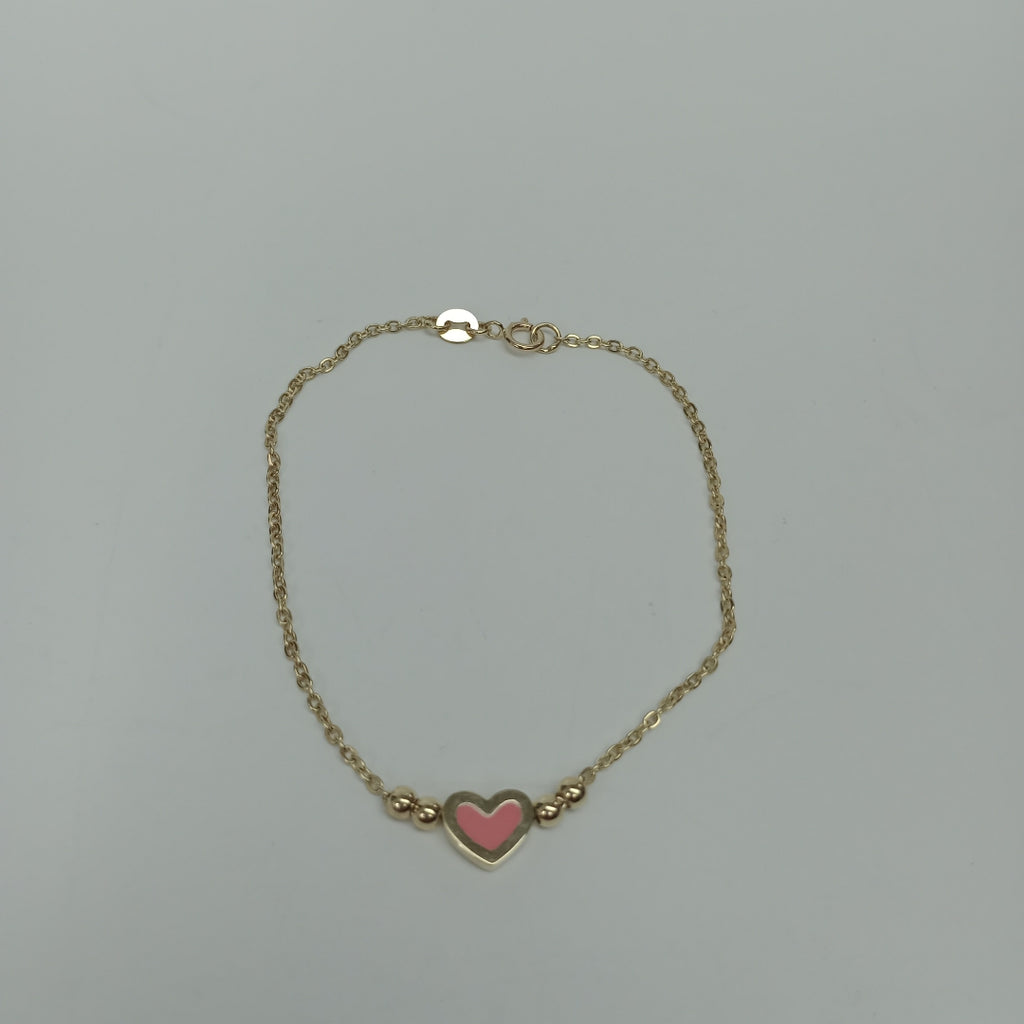PULSERA TEJIDO ESPECIAL CON FIGURA CORAZON CON ESMALTE ROSA 14K 18 CM 2 GR (NUEVO)