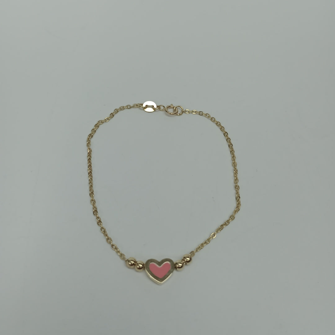 PULSERA TEJIDO ESPECIAL CON FIGURA CORAZON CON ESMALTE ROSA 14K 18 CM 2 GR (NUEVO)