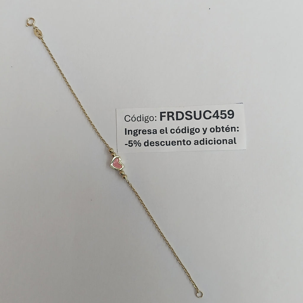 PULSERA TEJIDO ESPECIAL CON FIGURA CORAZON CON ESMALTE ROSA 14K 18 CM 1.9 GR (NUEVO)