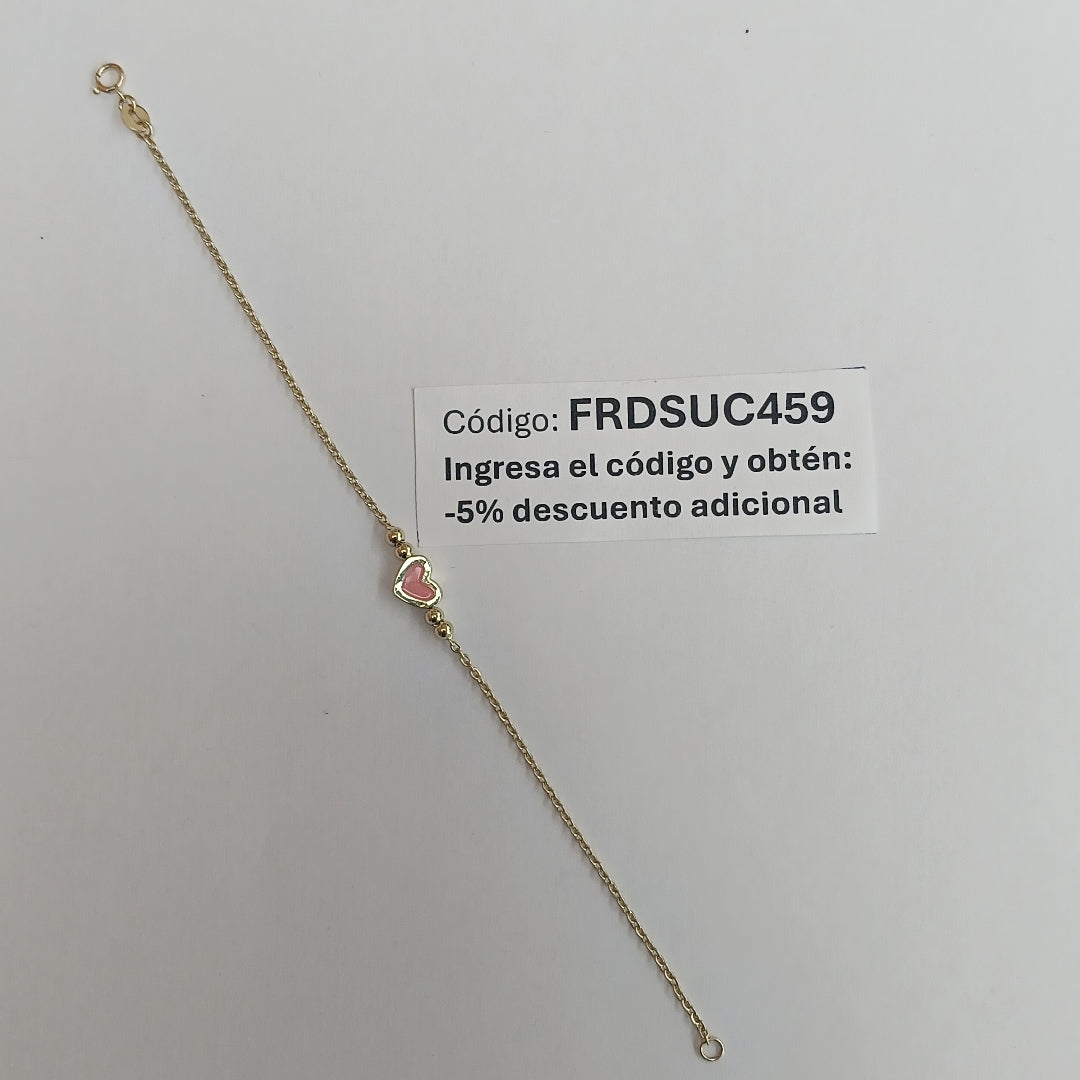 PULSERA TEJIDO ESPECIAL CON FIGURA CORAZON CON ESMALTE ROSA 14K 18 CM 1.9 GR (NUEVO)