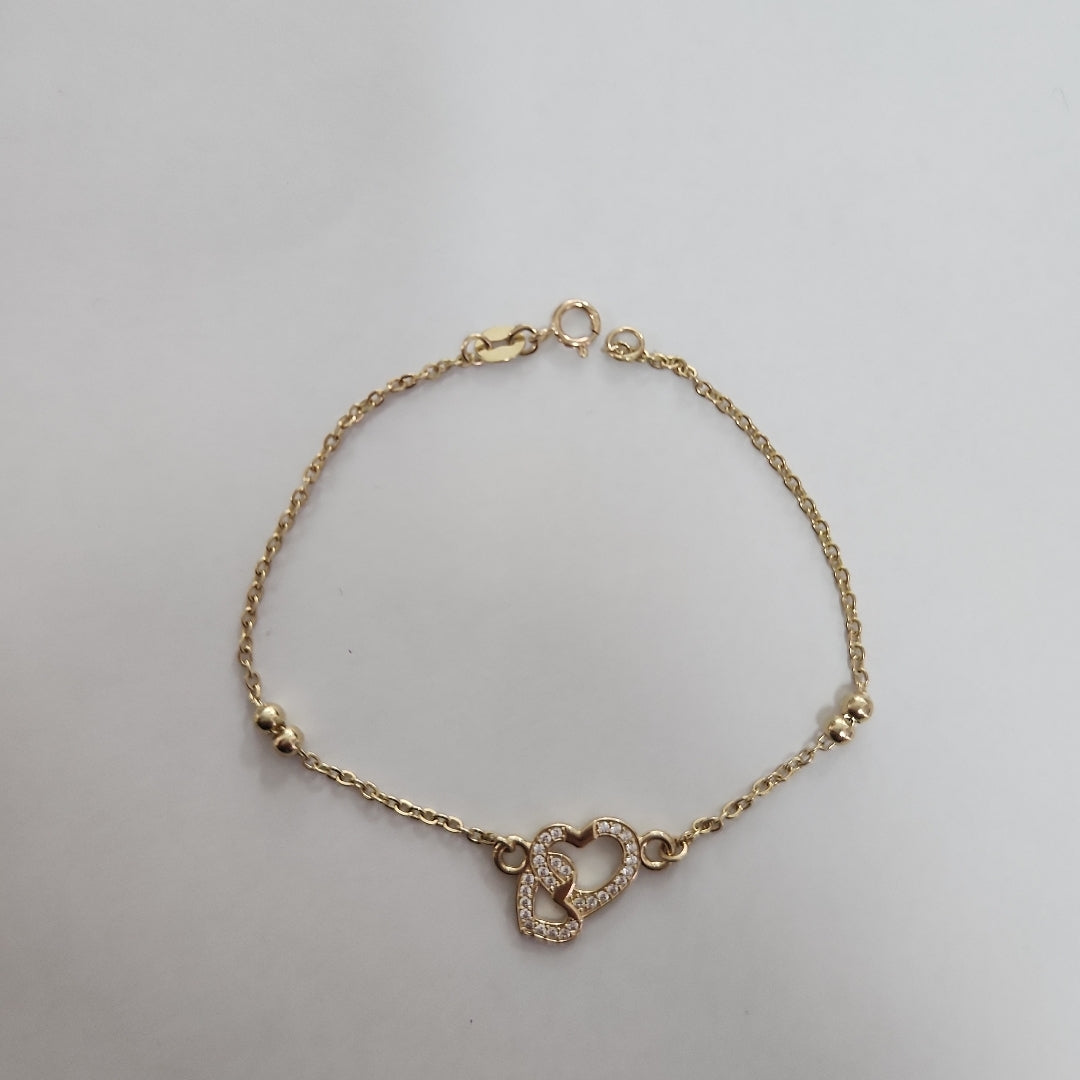 PULSERA TEJIDO ESPECIAL CORAZONES CON CIRCONIAS 14K 18 CM 2.4 GR (NUEVO)