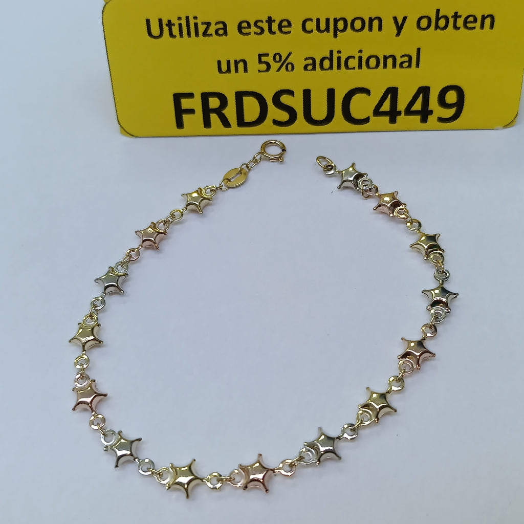 PULSERA TEJIDO ESPECIAL ESTRELLAS COMBINADAS 14K 18 CM 2.2 GR (NUEVO)
