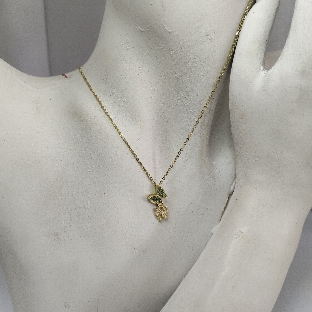 CADENA TEJIDO GARGANTILLA CON DIJE MARIPOSAS CIRCONIAS Y PIEDRAS DE COLOR 14K 45 CM 1.9 GR (NUEVO)