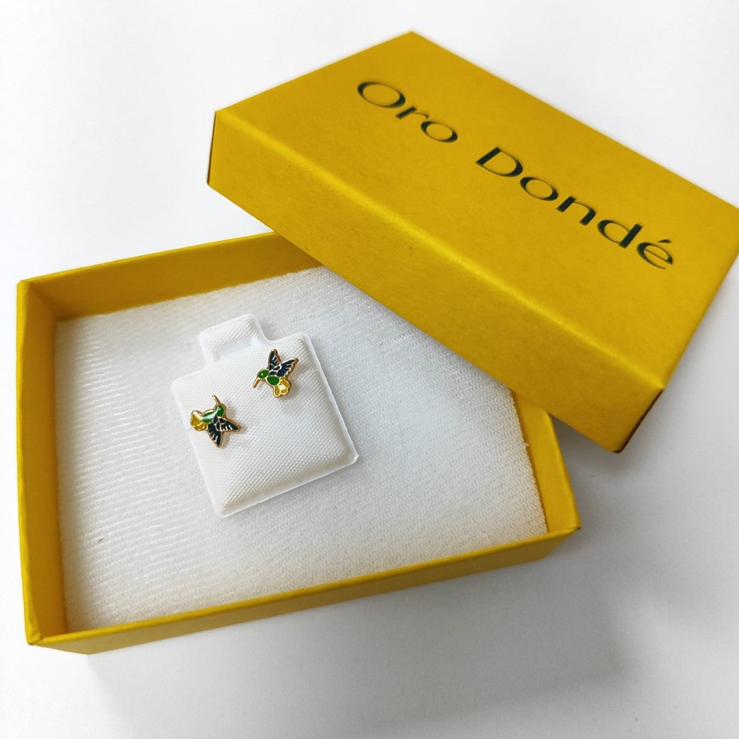 BROQUELES BROQUEL FIG COLIBRI ESMALTE VERDE 14K 0.2138 GR (NUEVO)