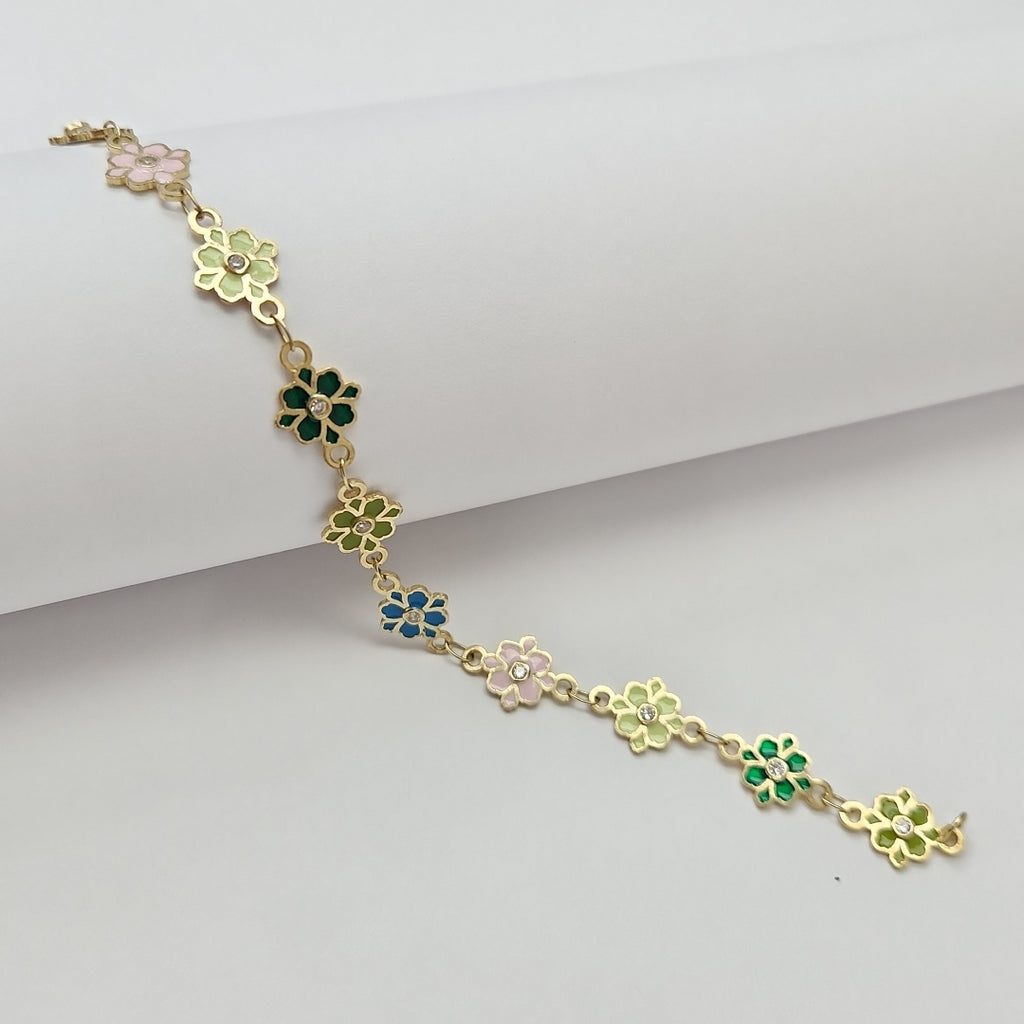 PULSERA ESPECIAL FLORES CON ESMALTE 14K 18 CM 4.6 GR (NUEVO)