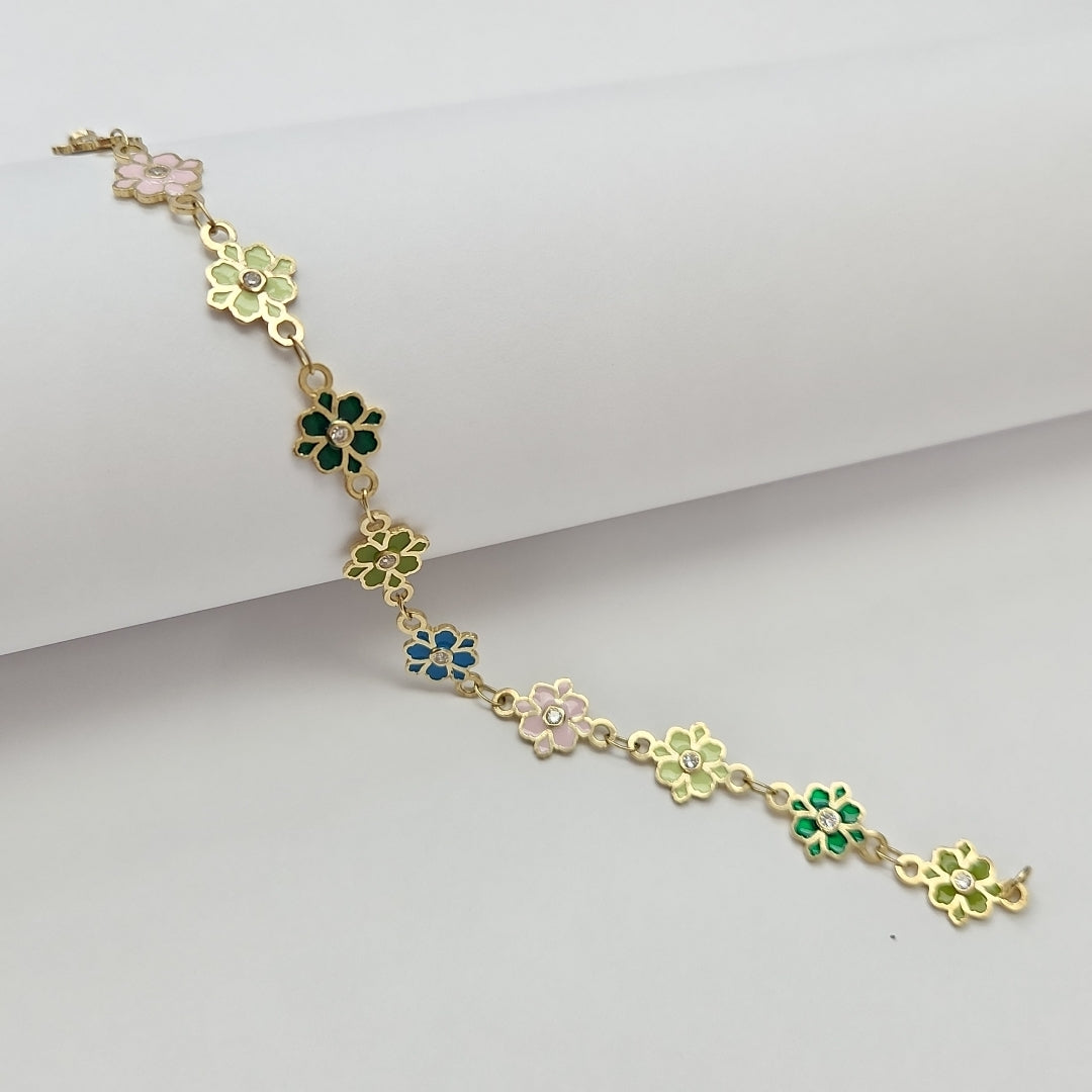 PULSERA ESPECIAL FLORES CON ESMALTE 14K 18 CM 4.6 GR (NUEVO)