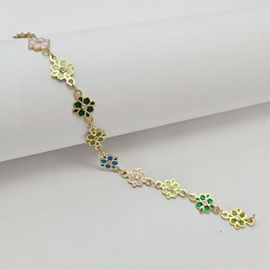 PULSERA ESPECIAL FLORES CON ESMALTE 14K 18 CM 4.6 GR (NUEVO)