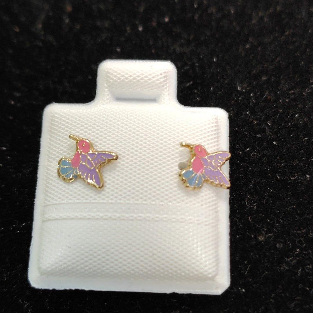 BROQUELES BROQUEL FIG COLIBRI ESMALTE ROSA 14K 0.2138 GR (NUEVO)