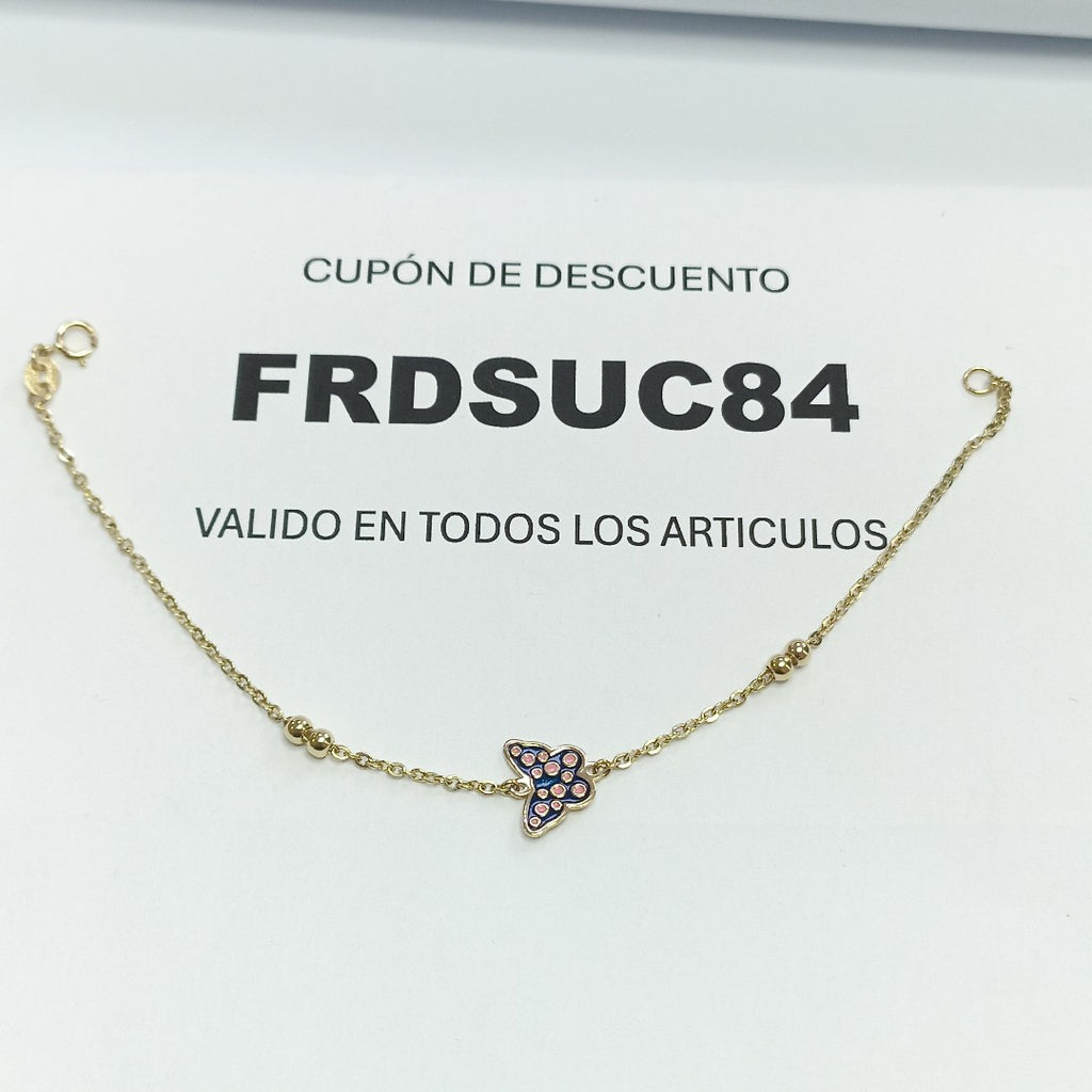 PULSERA TEJIDO ESPECIAL MARIPOSA CON ESMALTE 14K 18 CM 1.8 GR (NUEVO)