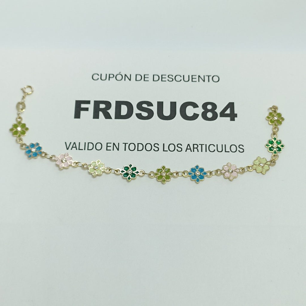 PULSERA ESPECIAL FLORES CON ESMALTE 14K 18 CM 4.6 GR (NUEVO)