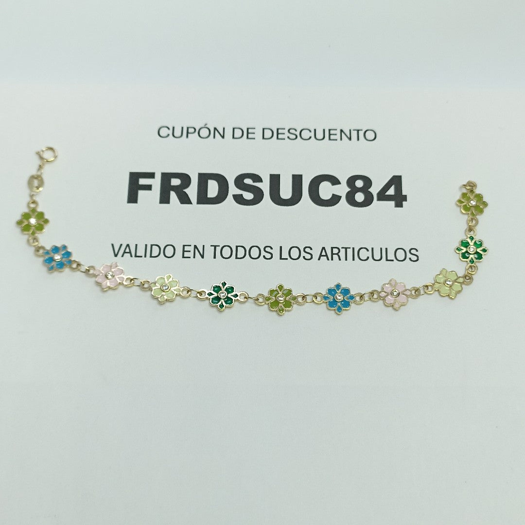 PULSERA ESPECIAL FLORES CON ESMALTE 14K 18 CM 4.6 GR (NUEVO)