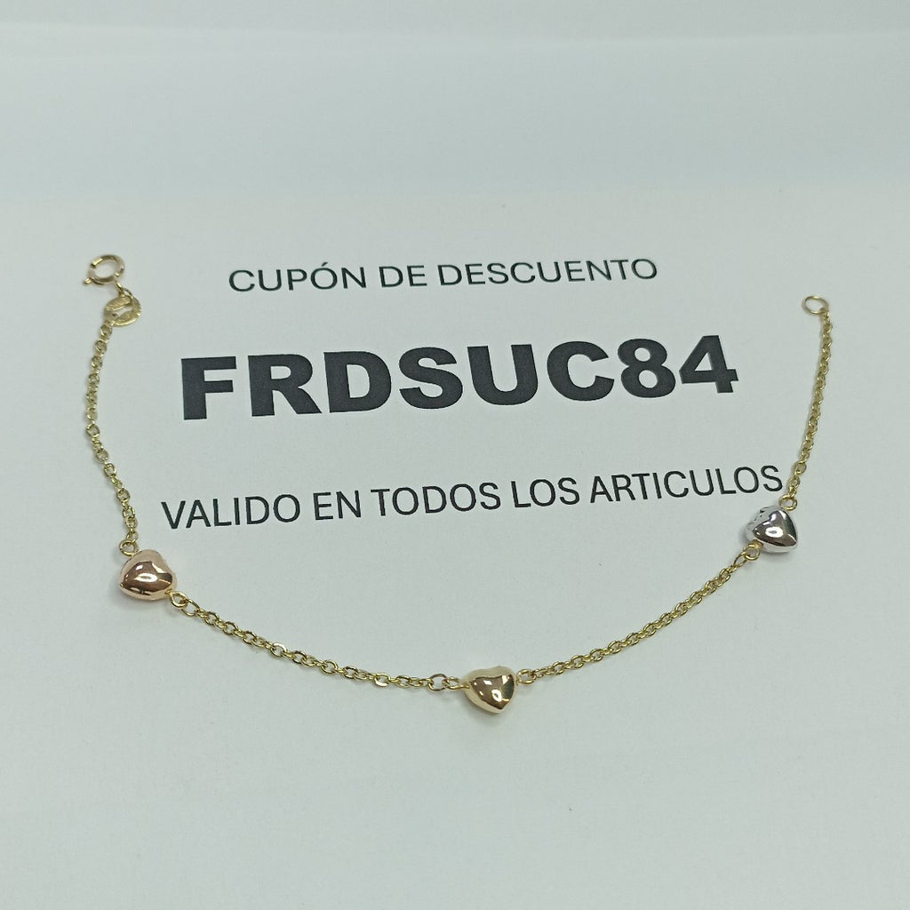 PULSERA ESP CON CORAZONES COMBINADOS 14K 18 CM 1.6 GR (NUEVO)