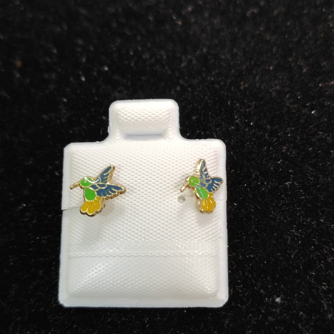 BROQUELES BROQUEL FIG COLIBRI ESMALTE VERDE 14K 0.2138 GR (NUEVO)