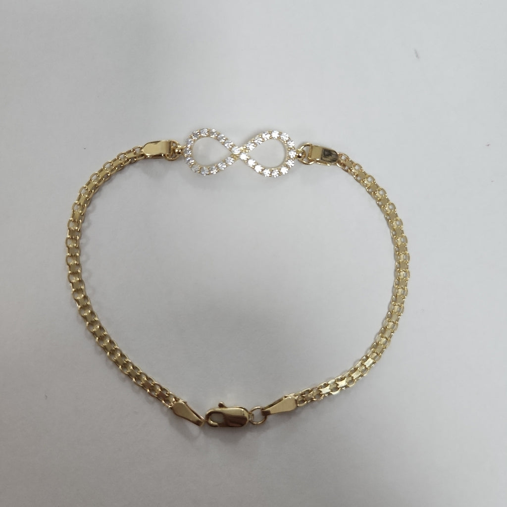 PULSERA TEJIDO ESPECIAL CON INFINITO Y CIRCONIAS 14K 18 CM 3.4 GR (NUEVO)