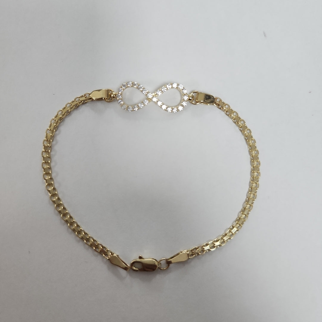 PULSERA TEJIDO ESPECIAL CON INFINITO Y CIRCONIAS 14K 18 CM 3.4 GR (NUEVO)