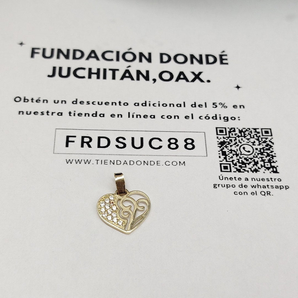 DIJE TEJIDO CORAZON CON CIRCONIAS Y ARBOL DE LA VIDA 14K 0.9 GR (NUEVO)