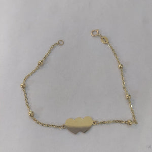 PULSERA TEJIDO ESPECIAL CON DOS CORAZONES 14K 18 CM 1.7 GR (NUEVO)
