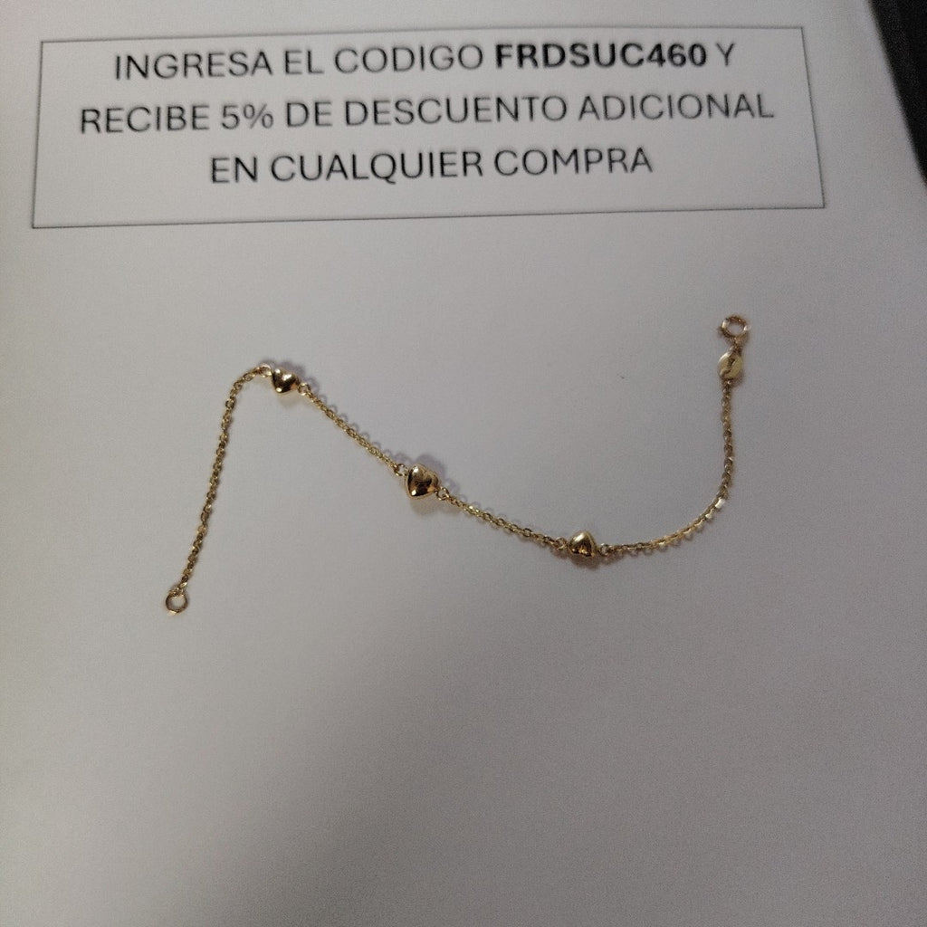 PULSERA TEJIDO ESPECIAL CON CORAZONES 14K 18 CM 1.6 GR (NUEVO)