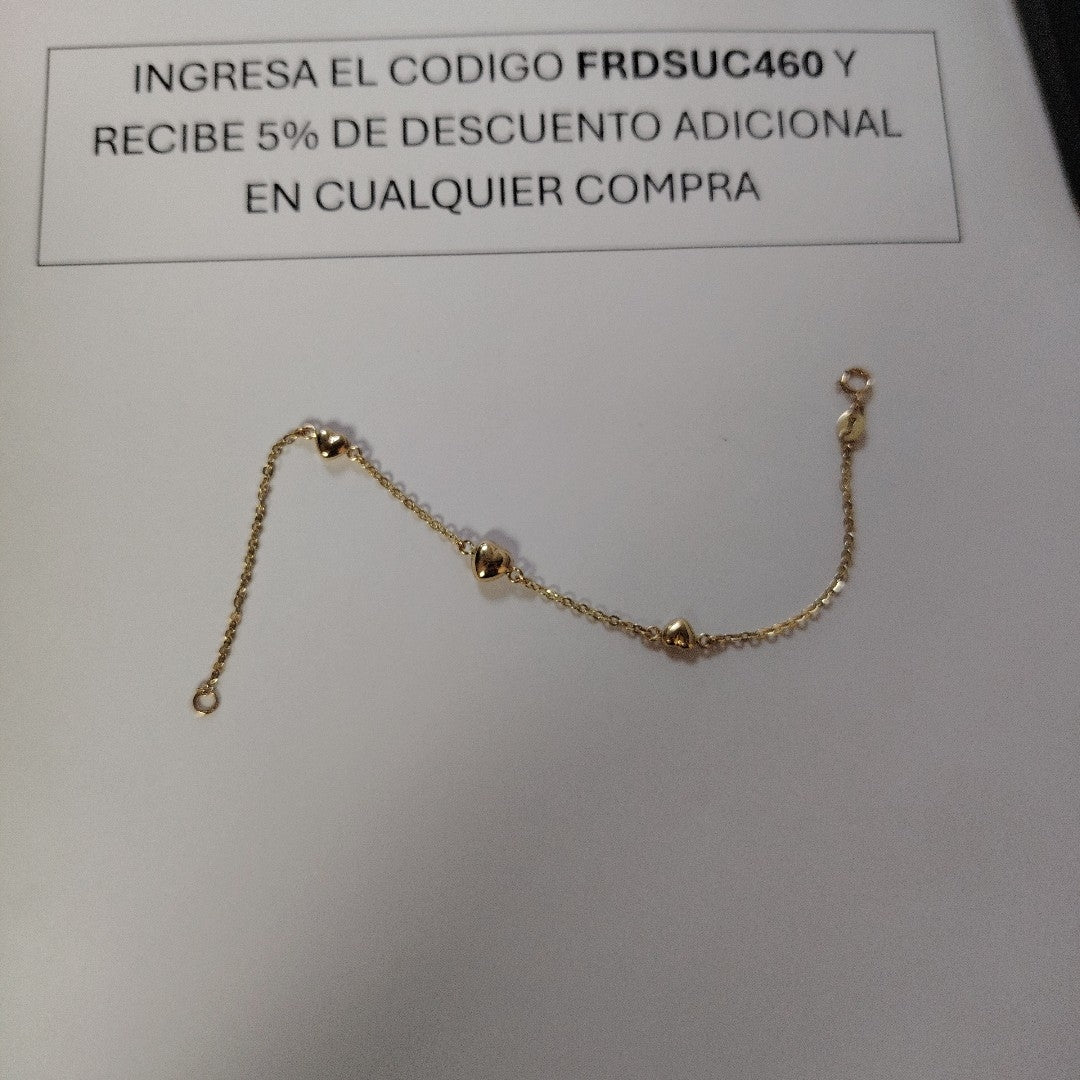 PULSERA TEJIDO ESPECIAL CON CORAZONES 14K 18 CM 1.6 GR (NUEVO)