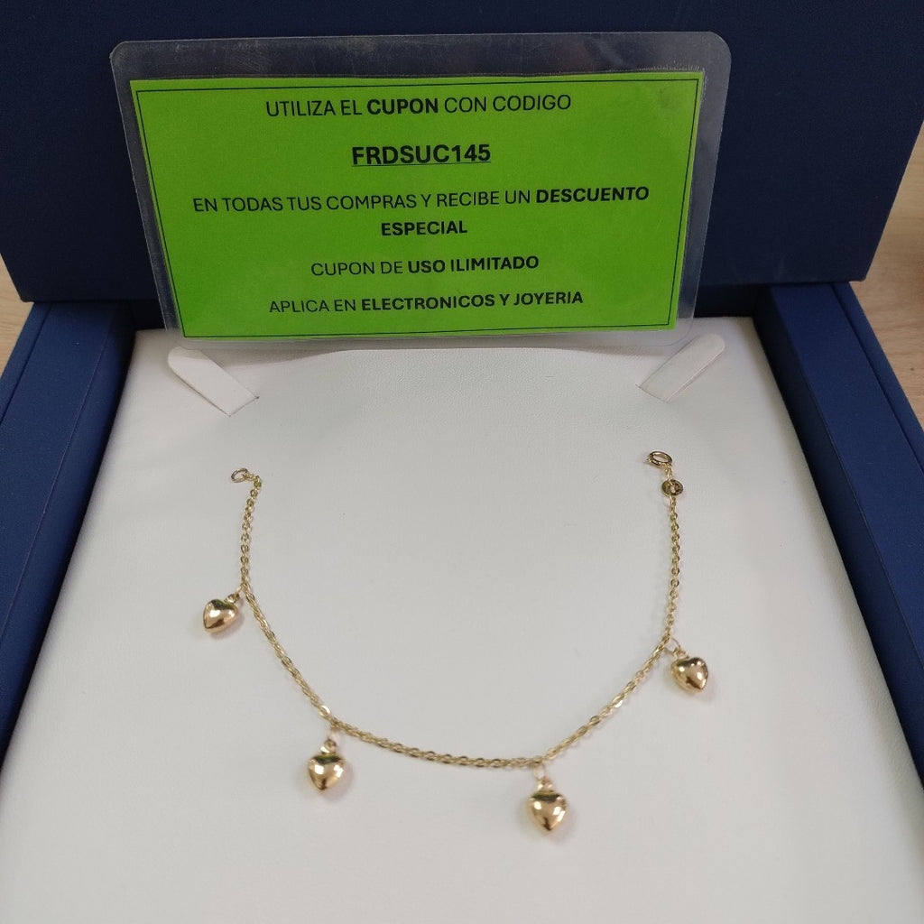 PULSERA ESP CON FIG CORAZONES 14K 18 CM 1.7 GR (NUEVO)