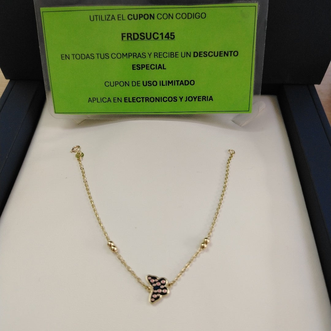PULSERA TEJIDO ESPECIAL MARIPOSA CON ESMALTE 14K 18 CM 1.8 GR (NUEVO)