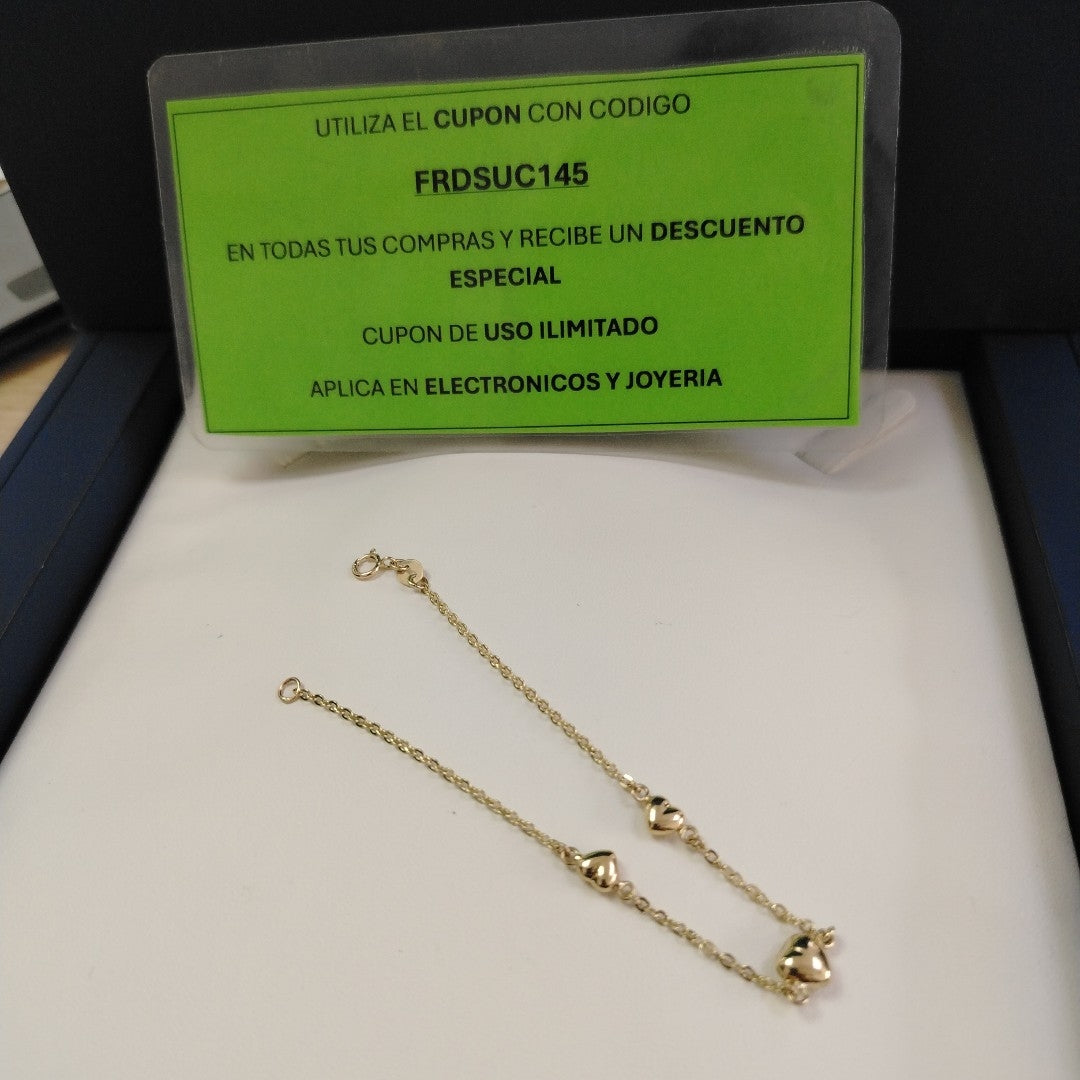 PULSERA TEJIDO ESPECIAL CON CORAZONES 14K 18 CM 1.7 GR (NUEVO)