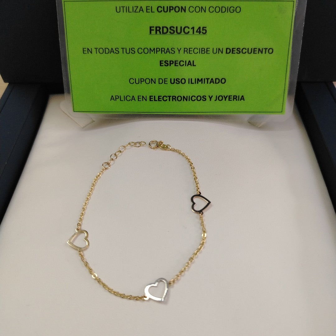 PULSERA ESPECIAL CON CORAZONES CONBINADOS 14K 18 CM 1.7 GR (NUEVO)