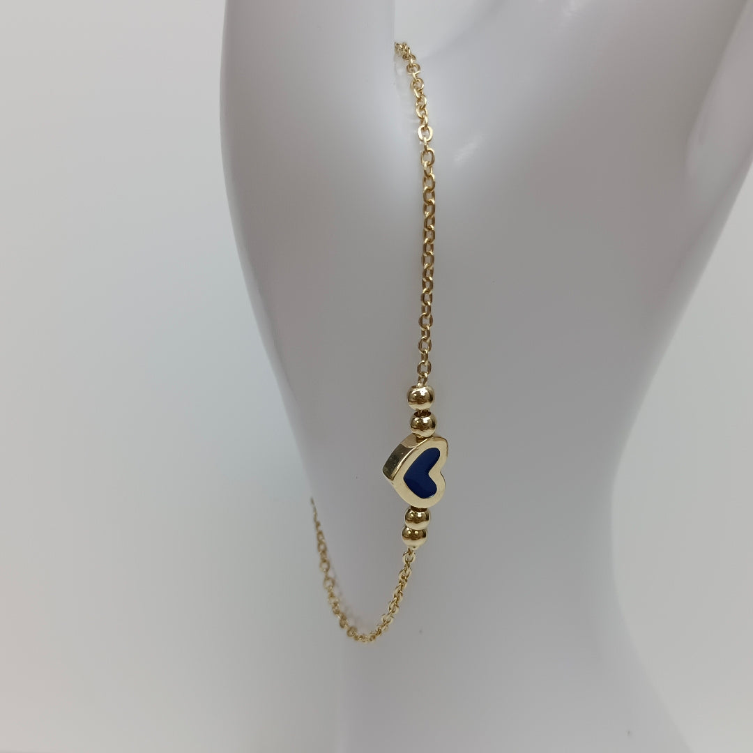 PULSERA TEJIDO ESPECIAL CON FIGURA CORAZON CON ESMALTE AZUL 14K 18 CM 2 GR (NUEVO)